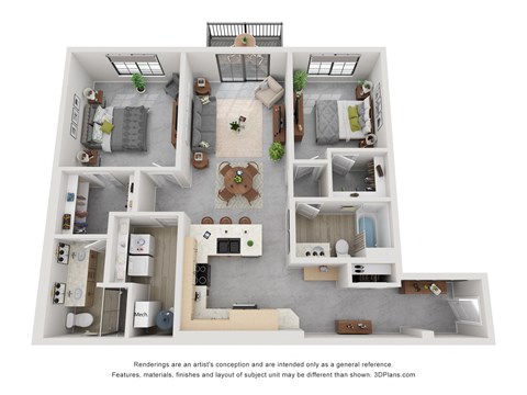 Floor plan for 2 beds, 2 baths, 1258 sqft